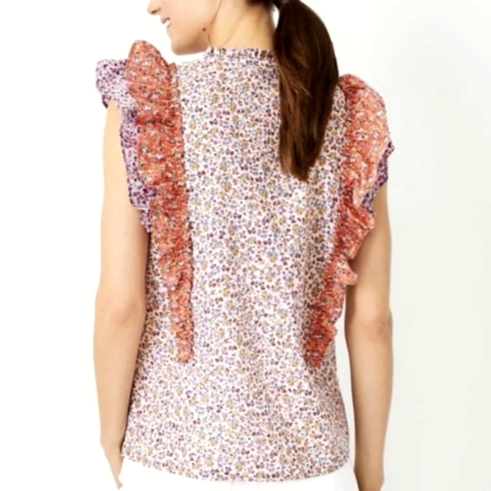 ANN TAYLOR Floral Ruffle Trim Shell Blouse Top Pink Orange Lilac Size XS - Picture 13 of 13